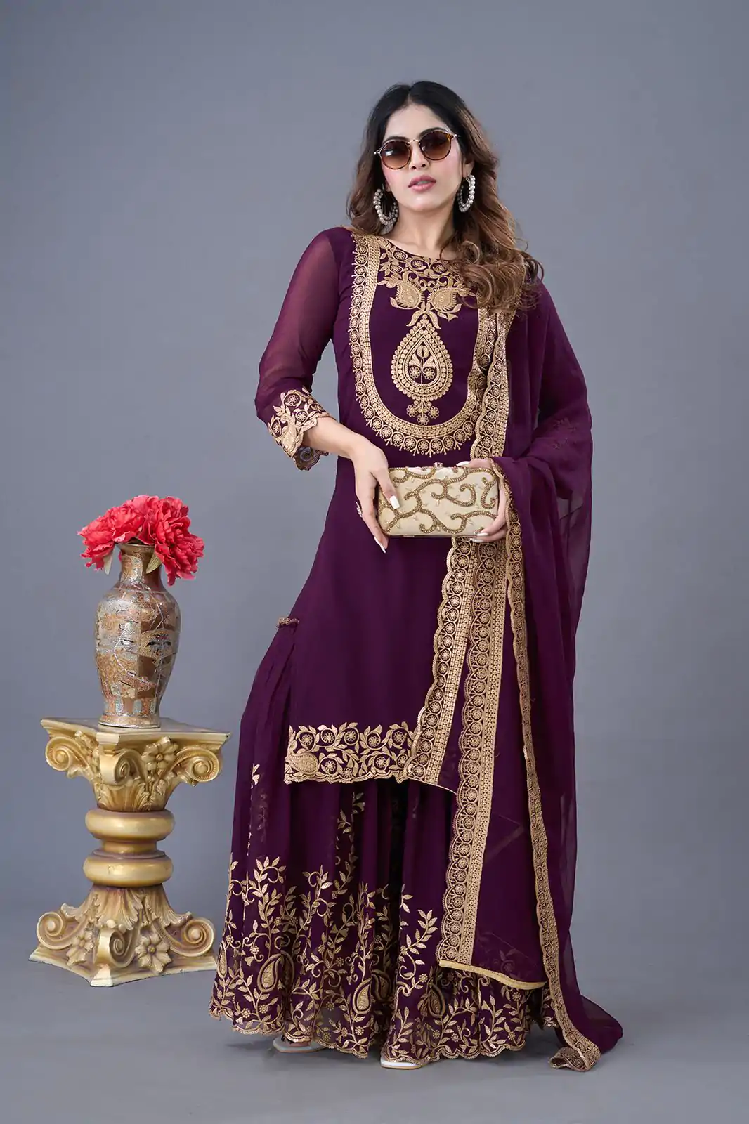 SRK-5242 Wine Faux Georgette With Embroidery Sequence Thread Work Salwar Suit  Casual, Wedding, Party, Festive, Events Etc.4-6 Working Days@ 2099/-only | Jump Suits, Salwar suit, Designer Suits, Casual Suits, Creative suits, Palazzo Suits, Party Wear Suits, Patiala Suits, Straight Suits