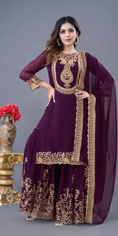 SRK-5242 Wine Faux Georgette With Embroidery Sequence Thread Work Salwar Suit  Casual, Wedding, Party, Festive, Events Etc.4-6 Working Days@ 2099/-only | Jump Suits, Salwar suit, Designer Suits, Casual Suits, Creative suits, Palazzo Suits, Party Wear Suits, Patiala Suits, Straight Suits