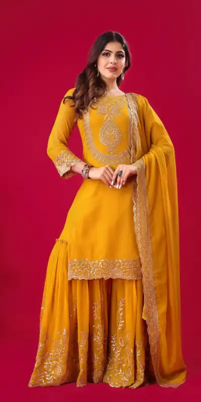 SRK-5242 Yellow Faux Georgette With Embroidery Sequence Thread Work Salwar Suit , Wedding, Party, Festive, Events Etc.4-6 Working Days@ 2099/-only | Jump Suits, Salwar suit, Designer Suits, Casual Suits, Creative suits, Palazzo Suits, Party Wear Suits, Patiala Suits, Straight Suits