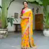 Awesome Yellow Color Chinon Printed Multicolored Embroidery Coding Sequins Lace Saree