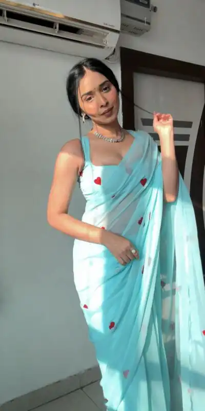 SC 221 Sky Blue Color Georgette silk with embroidery red color heart design Saree Wedding, Festive, Events . Expected Delivery  4-6 Working Days @1549/- only                                                                                                                                             | Sarees, Bollywood Sarees, Creative Sarees, Designer Sarees, Embroidered Sarees, Ethnic Saree, Modern Digital sarees, Party Wear Sarees