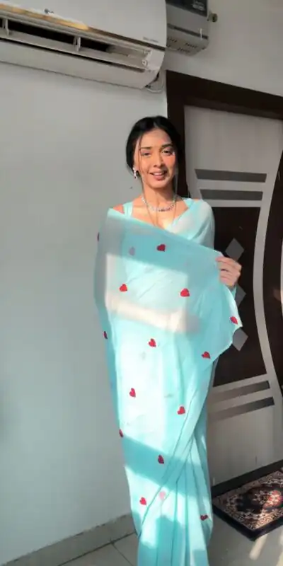 SC 221 Sky Blue Color Georgette silk with embroidery red color heart design Saree Wedding, Festive, Events . Expected Delivery  4-6 Working Days @1549/- only                                                                                                                                             | Sarees, Bollywood Sarees, Creative Sarees, Designer Sarees, Embroidered Sarees, Ethnic Saree, Modern Digital sarees, Party Wear Sarees