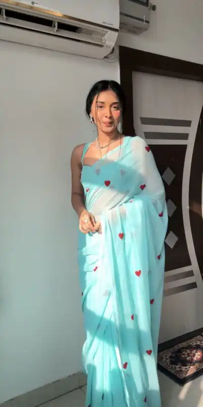 SC 221 Sky Blue Color Georgette silk with embroidery red color heart design Saree Wedding, Festive, Events . Expected Delivery  4-6 Working Days @1549/- only                                                                                                                                             | Sarees, Bollywood Sarees, Creative Sarees, Designer Sarees, Embroidered Sarees, Ethnic Saree, Modern Digital sarees, Party Wear Sarees