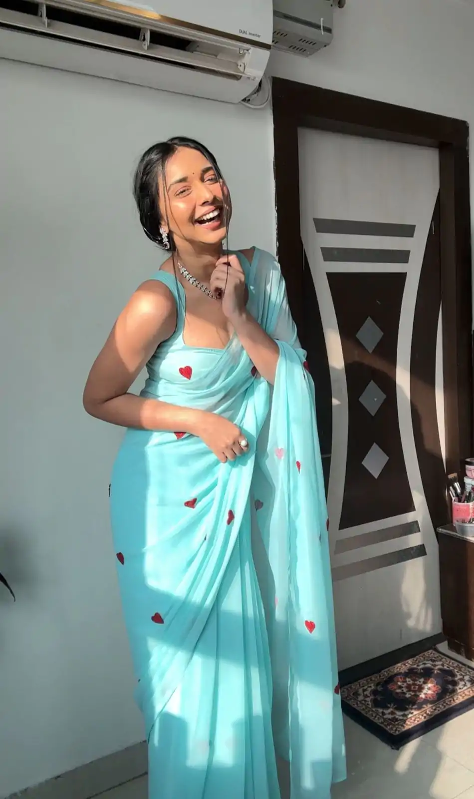 SC 221 Sky Blue Color Georgette silk with embroidery red color heart design Saree Wedding, Festive, Events . Expected Delivery  4-6 Working Days @1549/- only                                                                                                                                             | Sarees, Bollywood Sarees, Creative Sarees, Designer Sarees, Embroidered Sarees, Ethnic Saree, Modern Digital sarees, Party Wear Sarees