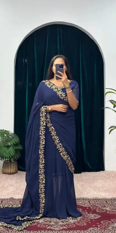  ST 1055 Navy Blue Color Faux Georgette Embroidery Work Border Stitched Saree-Gown Wedding Party, Festive, Events Etc.4-6 Working Days@1799/- only | Gowns, Bollywood Gowns, Creative Gowns, Designer Gowns, Embroidered Gowns, Party Wear Gowns, Straight Suits
