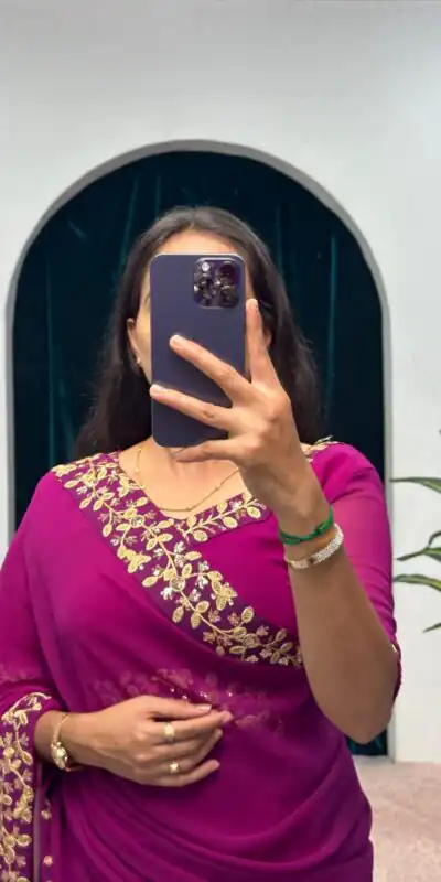  ST 1055 Purple Color Faux Georgette Embroidery Work Border Stitched Saree-Gown Wedding Party, Festive, Events Etc.4-6 Working Days@1799/- only | Gowns, Bollywood Gowns, Creative Gowns, Designer Gowns, Embroidered Gowns, Party Wear Gowns, Straight Suits