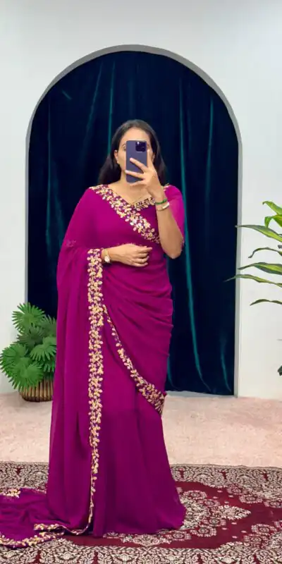  ST 1055 Purple Color Faux Georgette Embroidery Work Border Stitched Saree-Gown Wedding Party, Festive, Events Etc.4-6 Working Days@1799/- only | Gowns, Bollywood Gowns, Creative Gowns, Designer Gowns, Embroidered Gowns, Party Wear Gowns, Straight Suits