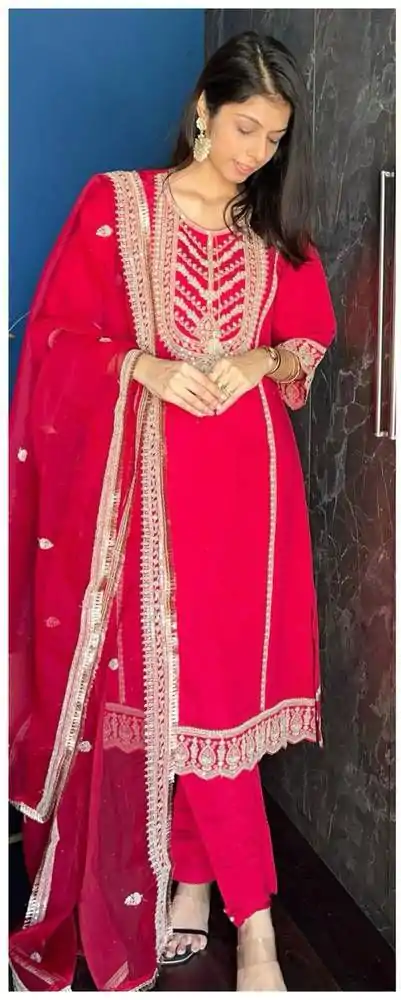  LG 1921 Red Chinnon Cording Sequences Embroidery Work Salwar Suit Casual, Wedding, Party, Festive, Events Etc.4-6 Working Days@ 2099/-only | Jump Suits, Salwar suit, Designer Suits, Casual Suits, Creative suits, Palazzo Suits, Party Wear Suits, Patiala Suits, Straight Suits