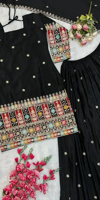 VLM 242 Black Chinnon Silk Embroidery Work Salwar Suit Casual, Wedding, Party, Festive, Events Etc.4-6 Working Days@ 2099/-only | Jump Suits, Salwar suit, Designer Suits, Casual Suits, Creative suits, Palazzo Suits, Party Wear Suits, Patiala Suits, Straight Suits