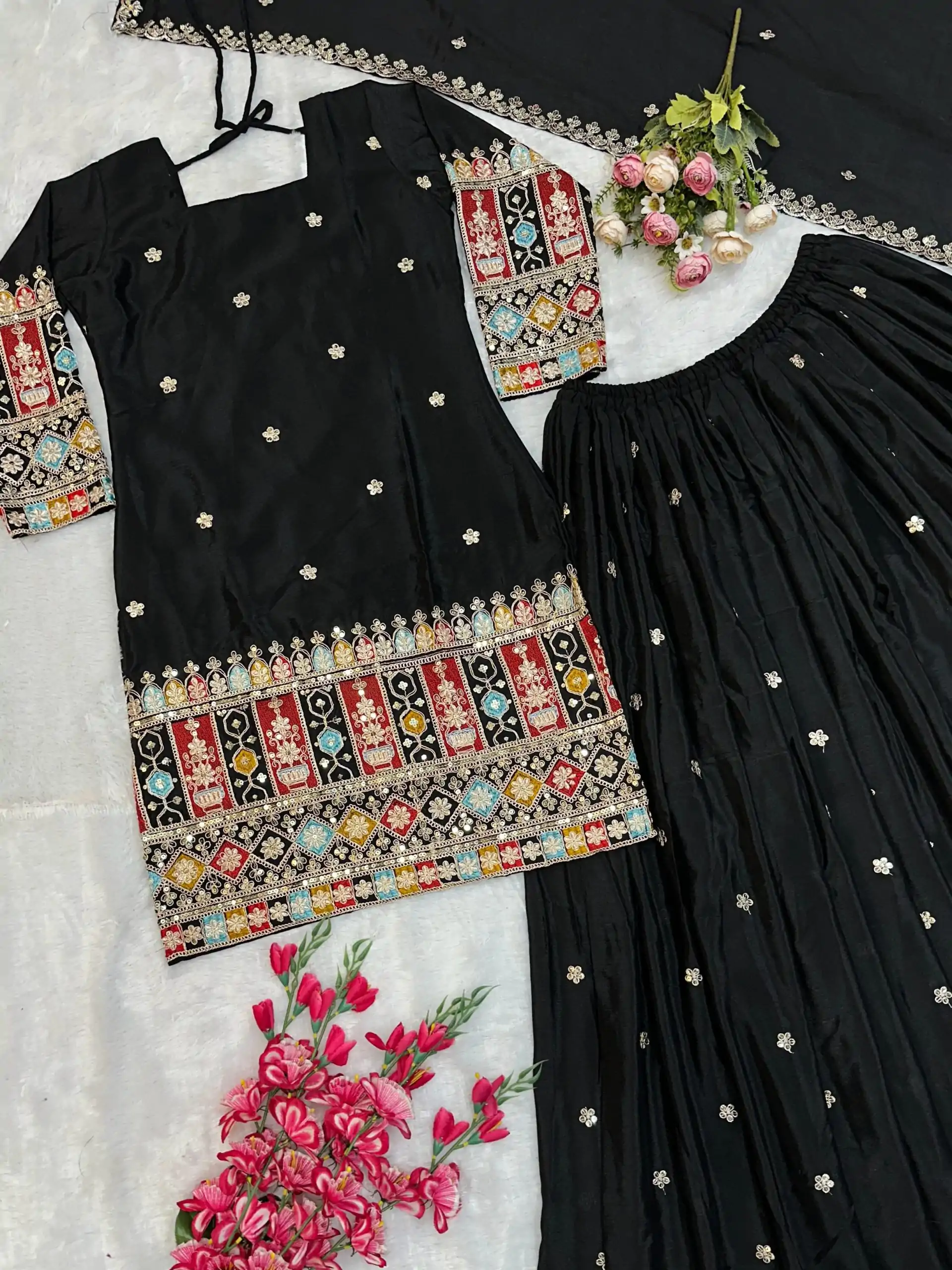 VLM 242 Black Chinnon Silk Embroidery Work Salwar Suit Casual, Wedding, Party, Festive, Events Etc.4-6 Working Days@ 2099/-only | Jump Suits, Salwar suit, Designer Suits, Casual Suits, Creative suits, Palazzo Suits, Party Wear Suits, Patiala Suits, Straight Suits