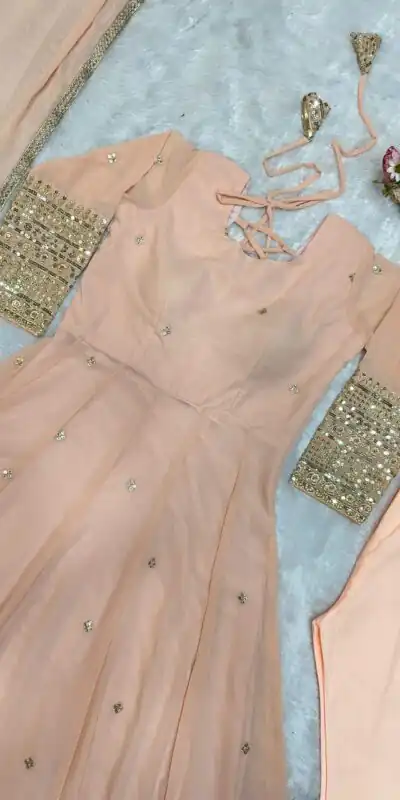 VLM 258 Cream Color Fox Georgette With Embroidery Work Anarkali Gown Wedding Party, Festive, Events Etc.4-6 Working Days@2149/- only | Gowns, Bollywood Gowns, Creative Gowns, Designer Gowns, Embroidered Gowns, Party Wear Gowns, Straight Suits