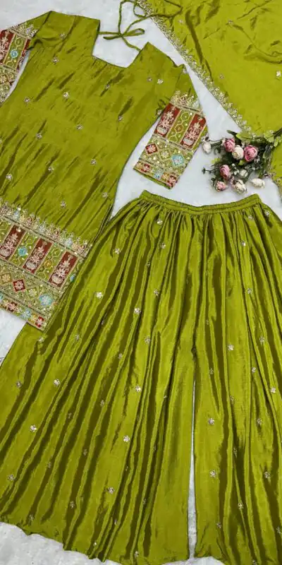 VLM 242 Light Green Chinnon Silk Embroidery Work Salwar Suit Casual, Wedding, Party, Festive, Events Etc.4-6 Working Days@ 2099/-only | Jump Suits, Salwar suit, Designer Suits, Casual Suits, Creative suits, Palazzo Suits, Party Wear Suits, Patiala Suits, Straight Suits