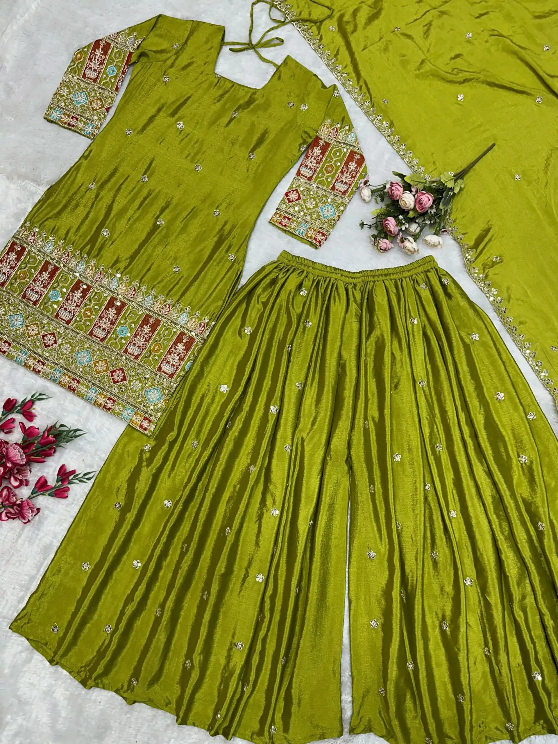 VLM 242 Light Green Chinnon Silk Embroidery Work Salwar Suit Casual, Wedding, Party, Festive, Events Etc.4-6 Working Days@ 2099/-only | Jump Suits, Salwar suit, Designer Suits, Casual Suits, Creative suits, Palazzo Suits, Party Wear Suits, Patiala Suits, Straight Suits