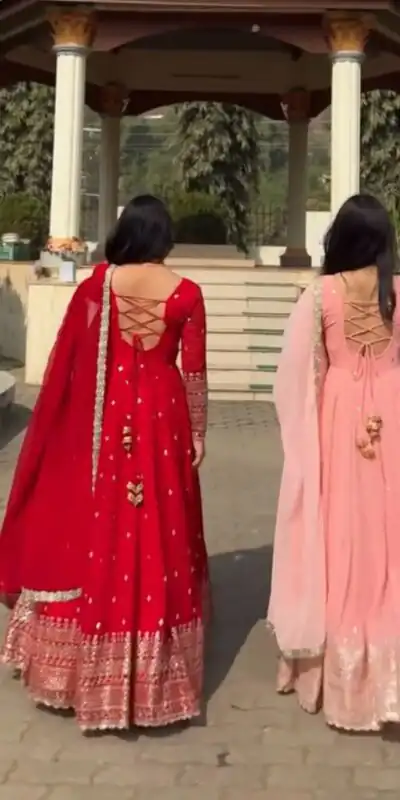 VLM 258 Red Color Fox Georgette With Embroidery Work Anarkali Gown Wedding Party, Festive, Events Etc.4-6 Working Days@2149/- only | Gowns, Bollywood Gowns, Creative Gowns, Designer Gowns, Embroidered Gowns, Party Wear Gowns, Straight Suits