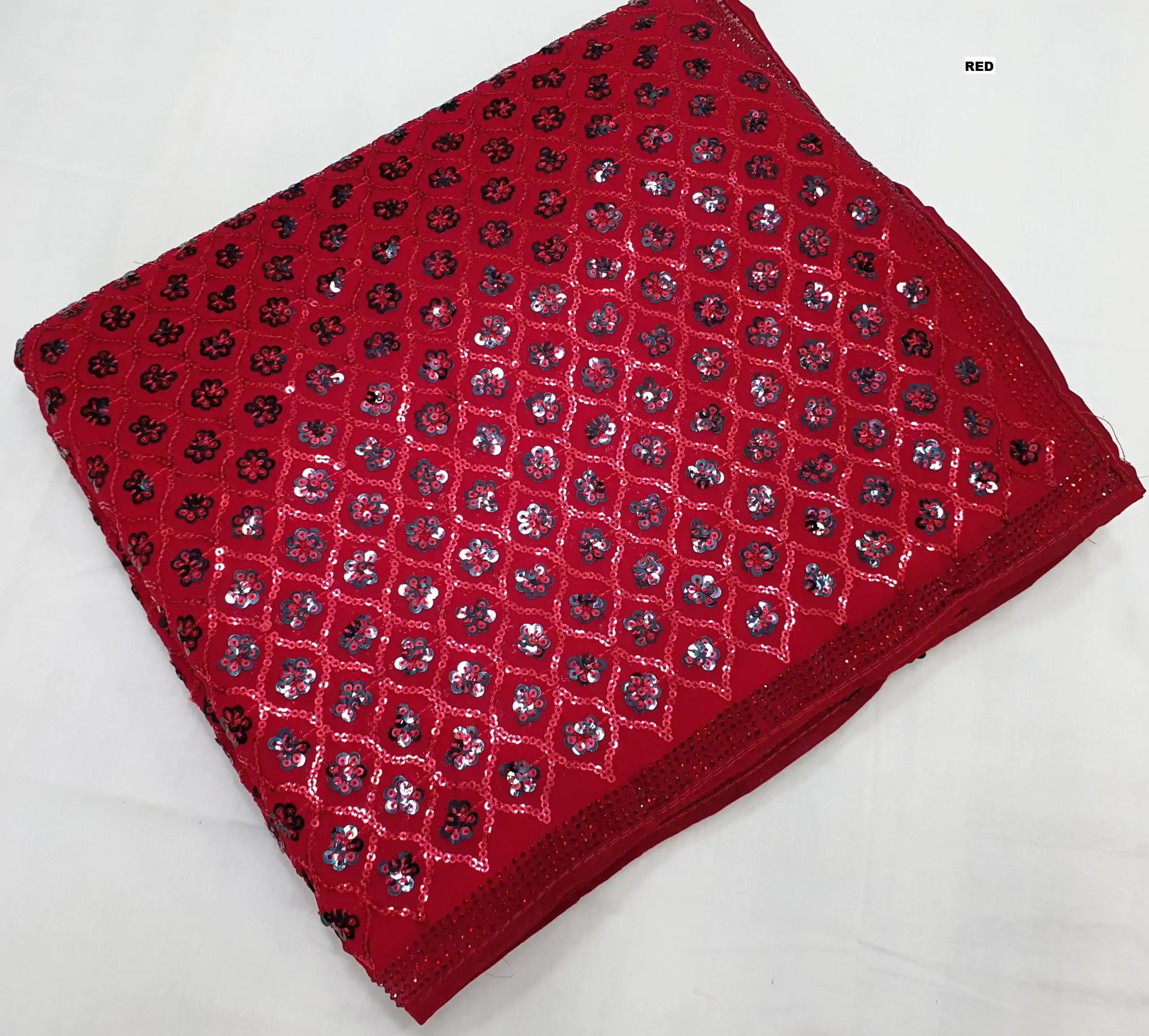 DF 3427 Red Color Georgette Dual Sequins 3MM & 5MM Embroidery Sequins Work Saree , Wedding, Festive, Events . Expected Delivery  4-6 Working Days @1799/- | Sarees, Bollywood Sarees, Creative Sarees, Designer Sarees, Embroidered Sarees, Ethnic Saree, Modern Digital sarees, Party Wear Sarees