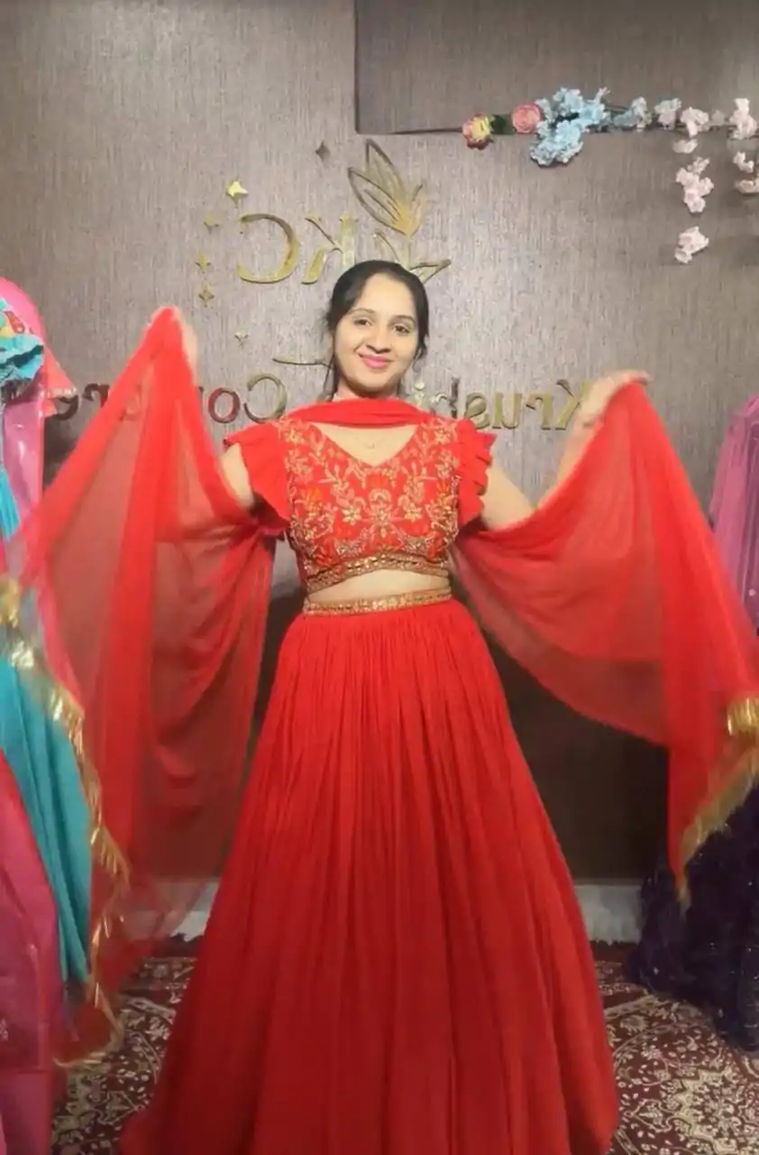 PC 333 Red Color Fox Georgette Embroidery Thread Work With Hand Pasting Mirror Lehenga Choli Wedding, Party, Festive, Events Delivery 4-6 Working Days @2129 | Lehenga, Bollywood Lehenga, Creative Lehenga, Designer Lehenga, Embroidered Lehenga, Party Wear Lehenga