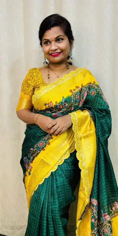 MS 473 Green Color dola mangalagiri checks All Over Kalamkari Floral Print Saree , Wedding, Festive, Events . Expected Delivery  4-6 Working Days @1699/- | Sarees, Bollywood Sarees, Creative Sarees, Designer Sarees, Embroidered Sarees, Ethnic Saree, Modern Digital sarees, Party Wear Sarees