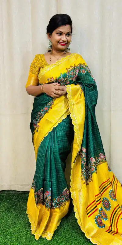 MS 473 Green Color dola mangalagiri checks All Over Kalamkari Floral Print Saree , Wedding, Festive, Events . Expected Delivery  4-6 Working Days @1699/- | Sarees, Bollywood Sarees, Creative Sarees, Designer Sarees, Embroidered Sarees, Ethnic Saree, Modern Digital sarees, Party Wear Sarees