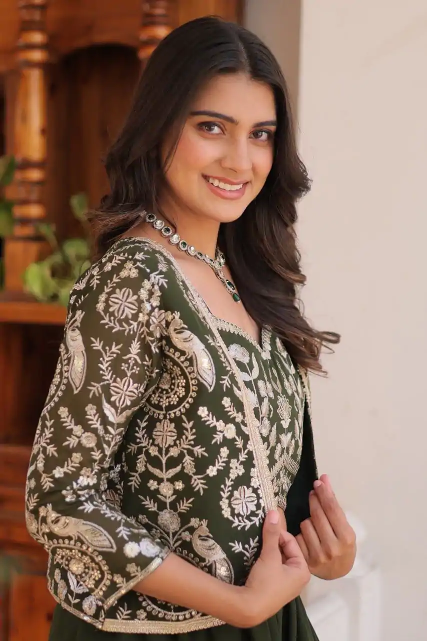 Ram 069 Mehandi Color Fox Georgette Embroidery Lace Work Anarkali Gown Wedding Party, Festive, Events Etc.4-6 Working Days@2049/- only | Gowns, Bollywood Gowns, Creative Gowns, Designer Gowns, Embroidered Gowns, Party Wear Gowns, Straight Suits