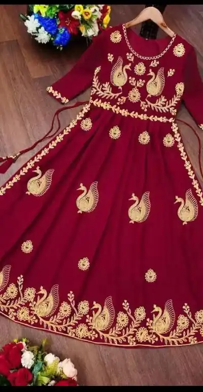 MF Red Color Georgette With embroidery Work Style Anarkali Gown Wedding Party, Festive, Events Etc.4-6 Working Days@1349/- only | Gowns, Bollywood Gowns, Creative Gowns, Designer Gowns, Embroidered Gowns, Party Wear Gowns, Straight Suits