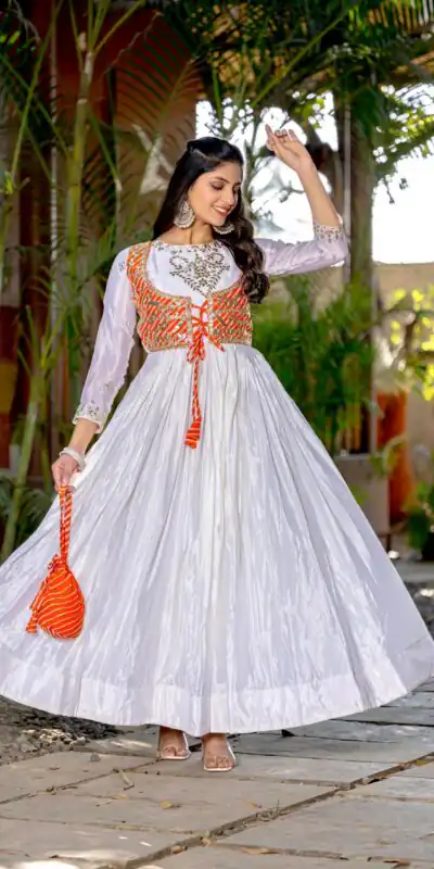 Ram 084 White Color Chinon Laheriya Print Gotta Patti Cording Work Anarkali Gown Wedding Party, Festive, Events Etc.4-6 Working Days@1949/- only | Gowns, Bollywood Gowns, Creative Gowns, Designer Gowns, Embroidered Gowns, Party Wear Gowns, Straight Suits