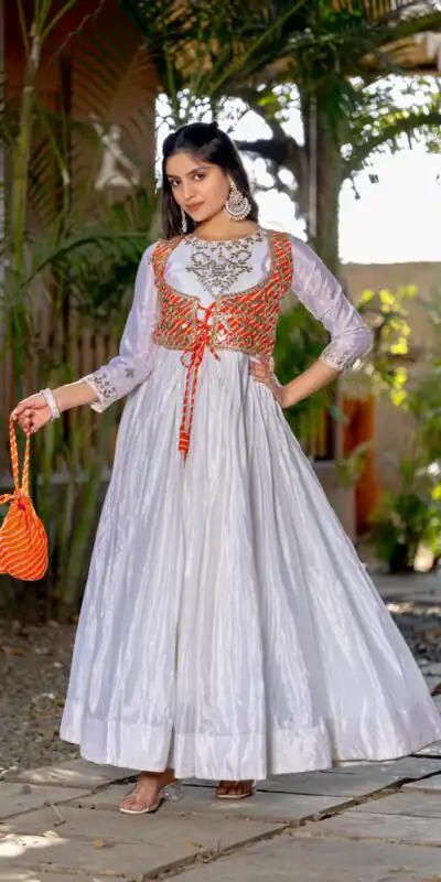 Ram 084 White Color Chinon Laheriya Print Gotta Patti Cording Work Anarkali Gown Wedding Party, Festive, Events Etc.4-6 Working Days@1949/- only | Gowns, Bollywood Gowns, Creative Gowns, Designer Gowns, Embroidered Gowns, Party Wear Gowns, Straight Suits