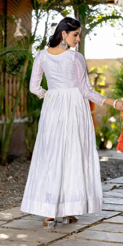 Ram 084 White Color Chinon Laheriya Print Gotta Patti Cording Work Anarkali Gown Wedding Party, Festive, Events Etc.4-6 Working Days@1949/- only | Gowns, Bollywood Gowns, Creative Gowns, Designer Gowns, Embroidered Gowns, Party Wear Gowns, Straight Suits