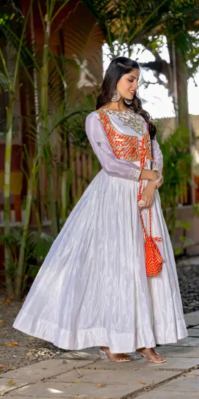 Ram 084 White Color Chinon Laheriya Print Gotta Patti Cording Work Anarkali Gown Wedding Party, Festive, Events Etc.4-6 Working Days@1949/- only | Gowns, Bollywood Gowns, Creative Gowns, Designer Gowns, Embroidered Gowns, Party Wear Gowns, Straight Suits