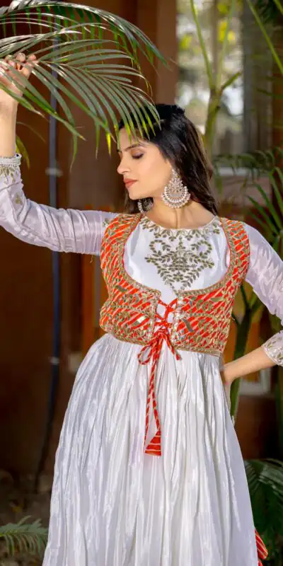 Ram 084 White Color Chinon Laheriya Print Gotta Patti Cording Work Anarkali Gown Wedding Party, Festive, Events Etc.4-6 Working Days@1949/- only | Gowns, Bollywood Gowns, Creative Gowns, Designer Gowns, Embroidered Gowns, Party Wear Gowns, Straight Suits