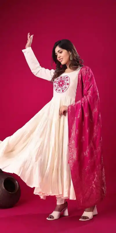 ZSR 3107 White Color Roman Silk With Embroidery Sequence Work Anarkali Gown Wedding Party, Festive, Events Etc.4-6 Working Days@1999/- only | Gowns, Bollywood Gowns, Creative Gowns, Designer Gowns, Embroidered Gowns, Party Wear Gowns, Straight Suits