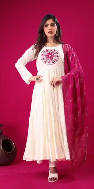 ZSR 3107 White Color Roman Silk With Embroidery Sequence Work Anarkali Gown Wedding Party, Festive, Events Etc.4-6 Working Days@1999/- only | Gowns, Bollywood Gowns, Creative Gowns, Designer Gowns, Embroidered Gowns, Party Wear Gowns, Straight Suits
