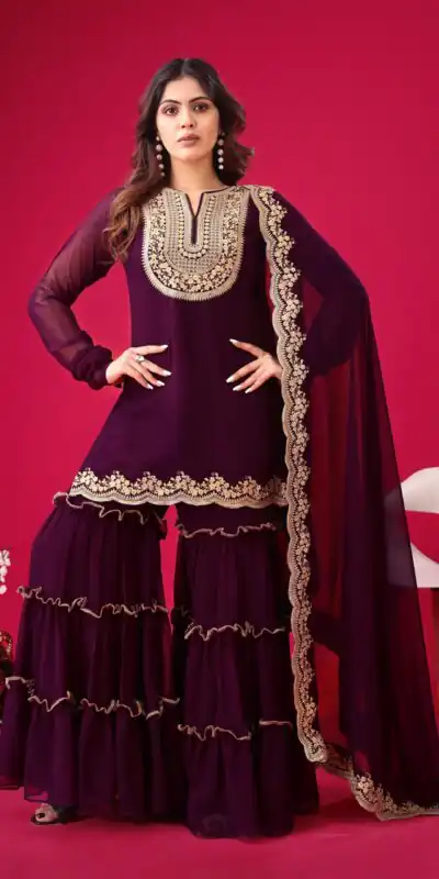SRK 5236 Wine Color Faux Georgette With Embroidery Sequence Work Salwar Suit , Wedding, Party, Festive, Events Etc.4-6 Working Days@ 2399/-only | Jump Suits, Salwar suit, Designer Suits, Casual Suits, Creative suits, Palazzo Suits, Party Wear Suits, Patiala Suits, Straight Suits