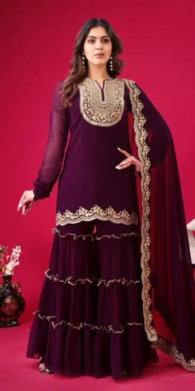 SRK 5236 Wine Color Faux Georgette With Embroidery Sequence Work Salwar Suit , Wedding, Party, Festive, Events Etc.4-6 Working Days@ 2399/-only | Jump Suits, Salwar suit, Designer Suits, Casual Suits, Creative suits, Palazzo Suits, Party Wear Suits, Patiala Suits, Straight Suits