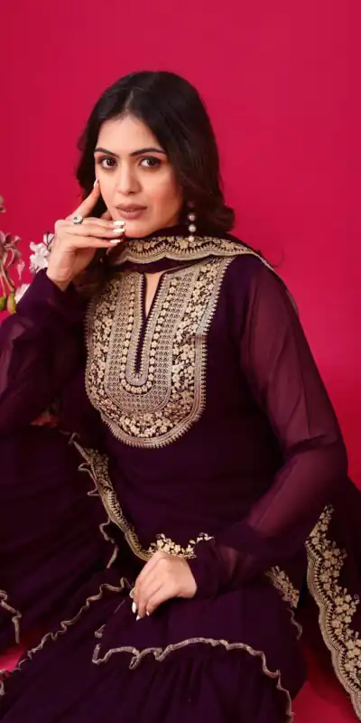 SRK 5236 Wine Color Faux Georgette With Embroidery Sequence Work Salwar Suit , Wedding, Party, Festive, Events Etc.4-6 Working Days@ 2399/-only | Jump Suits, Salwar suit, Designer Suits, Casual Suits, Creative suits, Palazzo Suits, Party Wear Suits, Patiala Suits, Straight Suits