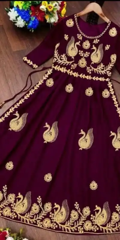 MF Wine Color Georgette With embroidery Work Style Anarkali Gown Wedding Party, Festive, Events Etc.4-6 Working Days@1349/- only | Gowns, Bollywood Gowns, Creative Gowns, Designer Gowns, Embroidered Gowns, Party Wear Gowns, Straight Suits