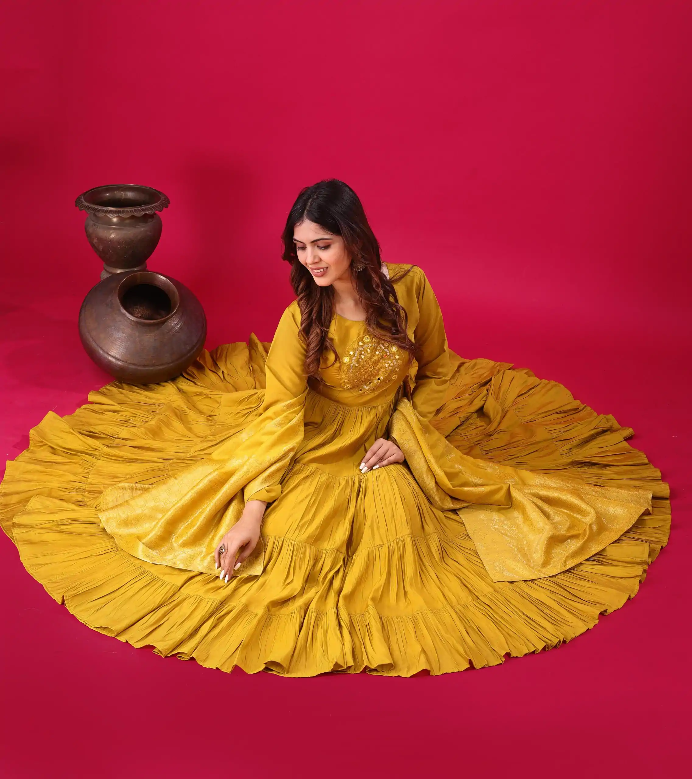 ZSR 3107 Yellow Color Roman Silk With Embroidery Sequence Work Anarkali Gown Wedding Party, Festive, Events Etc.4-6 Working Days@1799/- only | Gowns, Bollywood Gowns, Creative Gowns, Designer Gowns, Embroidered Gowns, Party Wear Gowns, Straight Suits