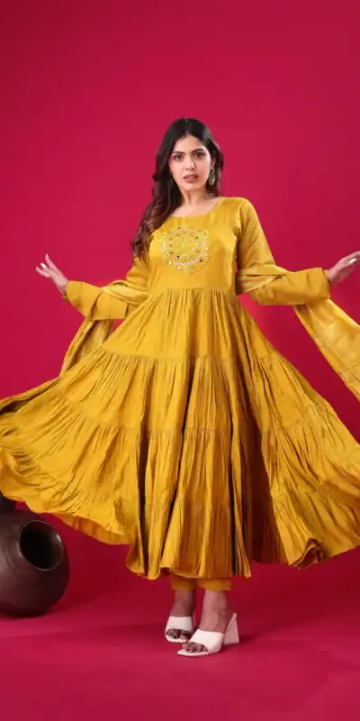 ZSR 3107 Yellow Color Roman Silk With Embroidery Sequence Work Anarkali Gown Wedding Party, Festive, Events Etc.4-6 Working Days@1799/- only | Gowns, Bollywood Gowns, Creative Gowns, Designer Gowns, Embroidered Gowns, Party Wear Gowns, Straight Suits