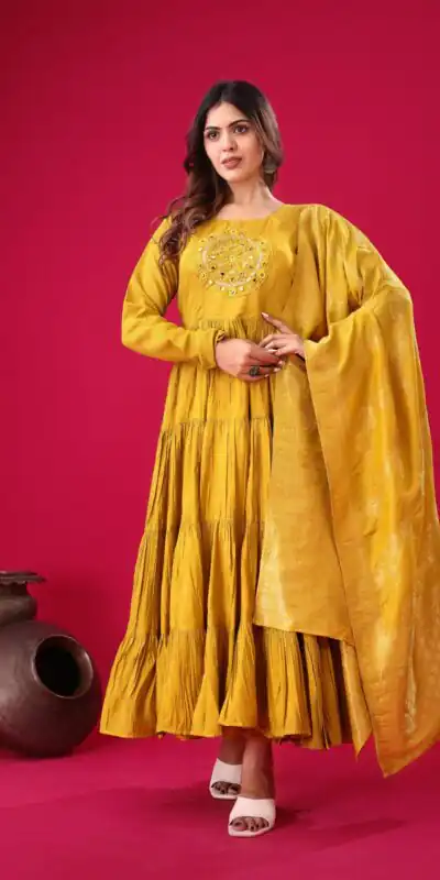 ZSR 3107 Yellow Color Roman Silk With Embroidery Sequence Work Anarkali Gown Wedding Party, Festive, Events Etc.4-6 Working Days@1799/- only | Gowns, Bollywood Gowns, Creative Gowns, Designer Gowns, Embroidered Gowns, Party Wear Gowns, Straight Suits