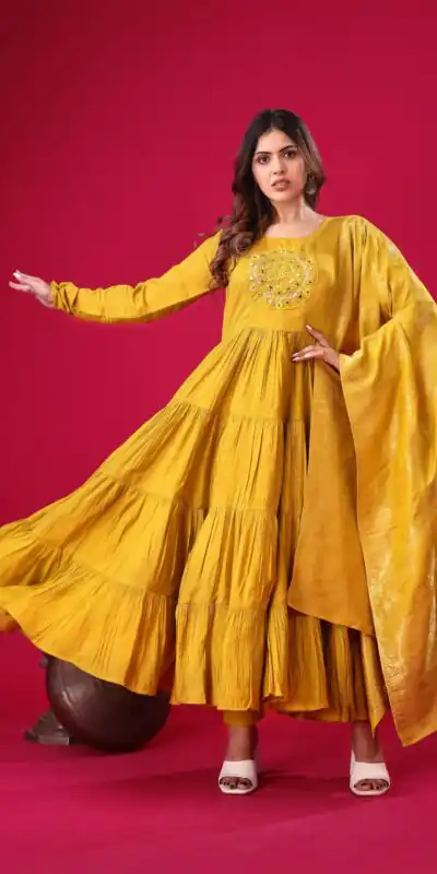 ZSR 3107 Yellow Color Roman Silk With Embroidery Sequence Work Anarkali Gown Wedding Party, Festive, Events Etc.4-6 Working Days@1799/- only | Gowns, Bollywood Gowns, Creative Gowns, Designer Gowns, Embroidered Gowns, Party Wear Gowns, Straight Suits