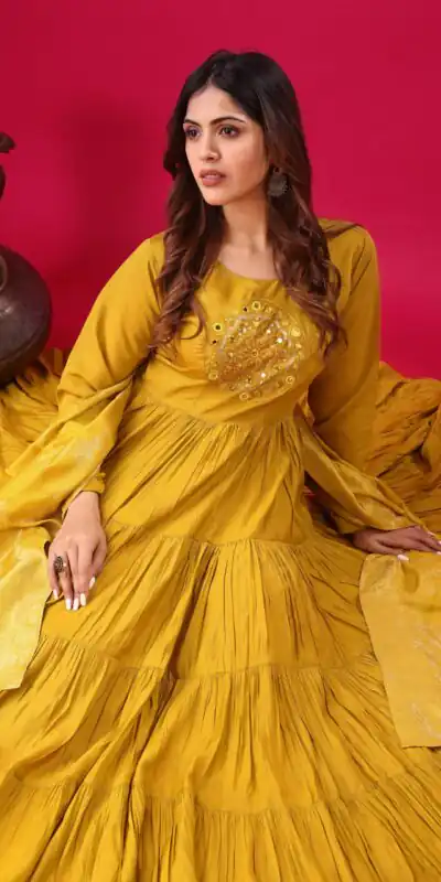 ZSR 3107 Yellow Color Roman Silk With Embroidery Sequence Work Anarkali Gown Wedding Party, Festive, Events Etc.4-6 Working Days@1799/- only | Gowns, Bollywood Gowns, Creative Gowns, Designer Gowns, Embroidered Gowns, Party Wear Gowns, Straight Suits