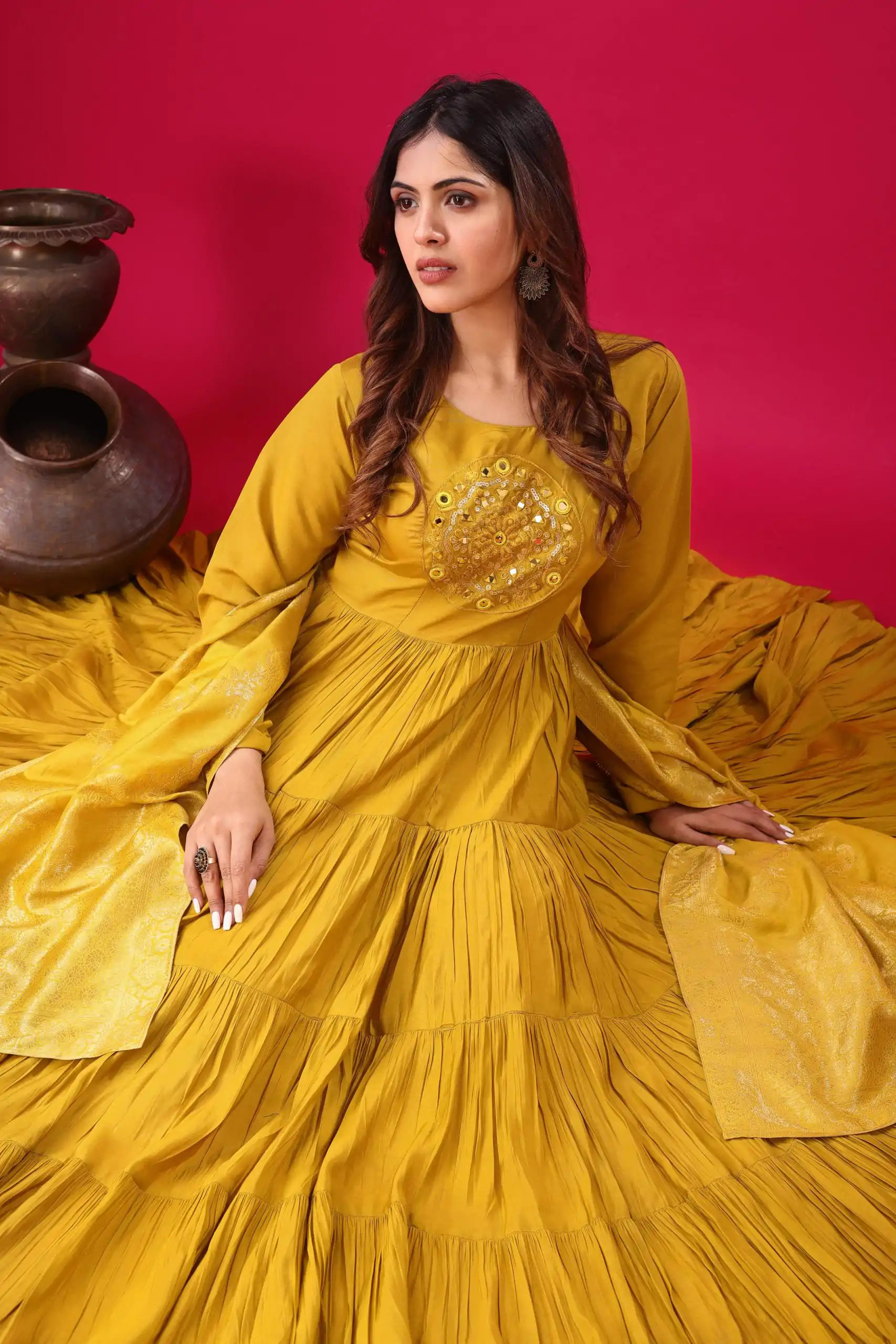 ZSR 3107 Yellow Color Roman Silk With Embroidery Sequence Work Anarkali Gown Wedding Party, Festive, Events Etc.4-6 Working Days@1799/- only | Gowns, Bollywood Gowns, Creative Gowns, Designer Gowns, Embroidered Gowns, Party Wear Gowns, Straight Suits