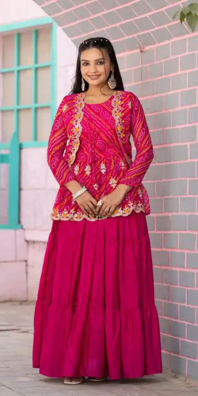 Ram 091 Pink Color Bandhej Embroidery Thared Work Lehenga Crop Top & Jacket Wedding, Party, Festive, Events Etc. Delivery 4-6 Working Days Rs 2149 | Lehenga, Bollywood Lehenga, Creative Lehenga, Designer Lehenga, Embroidered Lehenga, Party Wear Lehenga