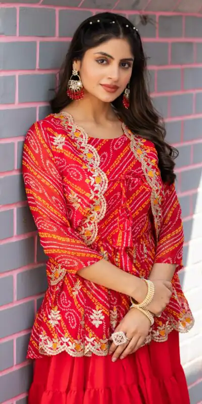 Ram 091 Red Color Bandhej Embroidery Thared Work Lehenga Crop Top & Jacket Wedding, Party, Festive, Events Etc. Delivery 4-6 Working Days Rs 2149 | Lehenga, Bollywood Lehenga, Creative Lehenga, Designer Lehenga, Embroidered Lehenga, Party Wear Lehenga
