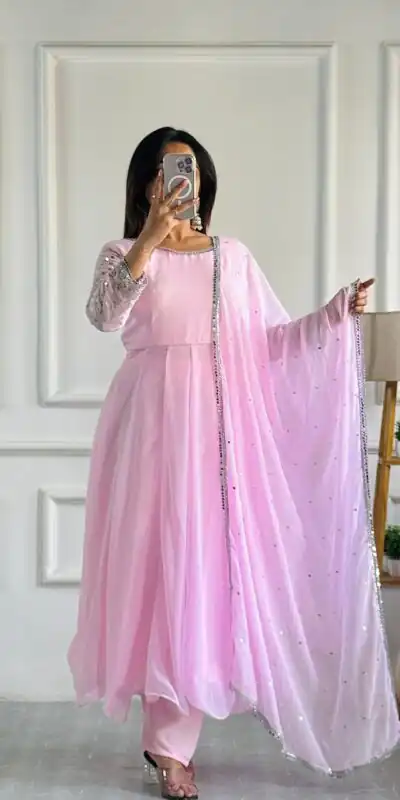 VLM 256 Baby Pink Color Foix Georgette With Embroidery Work Anarkali Gown Casual, Wedding, Party, Festive, Events Etc.4-6 Working Days@ 1899/-only | Gowns, Bollywood Gowns, Creative Gowns, Designer Gowns, Embroidered Gowns, Party Wear Gowns