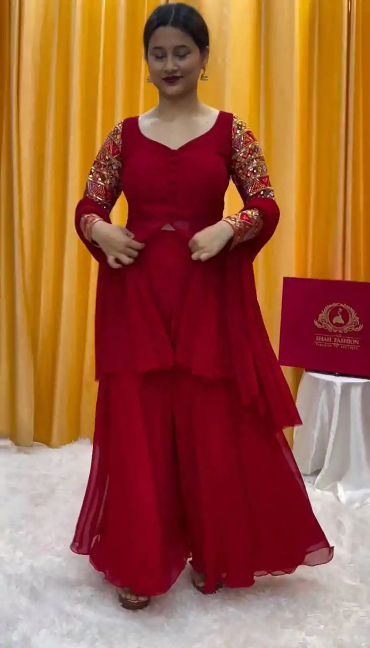 PC 343 Red Fox Georgette Thread Work With Fancy Button Salwar Suit Casual, Wedding, Party, Festive, Events Etc.4-6 Working Days@ 2029/-only | Jump Suits, Salwar suit, Designer Suits, Casual Suits, Creative suits, Palazzo Suits, Party Wear Suits, Patiala Suits, Straight Suits