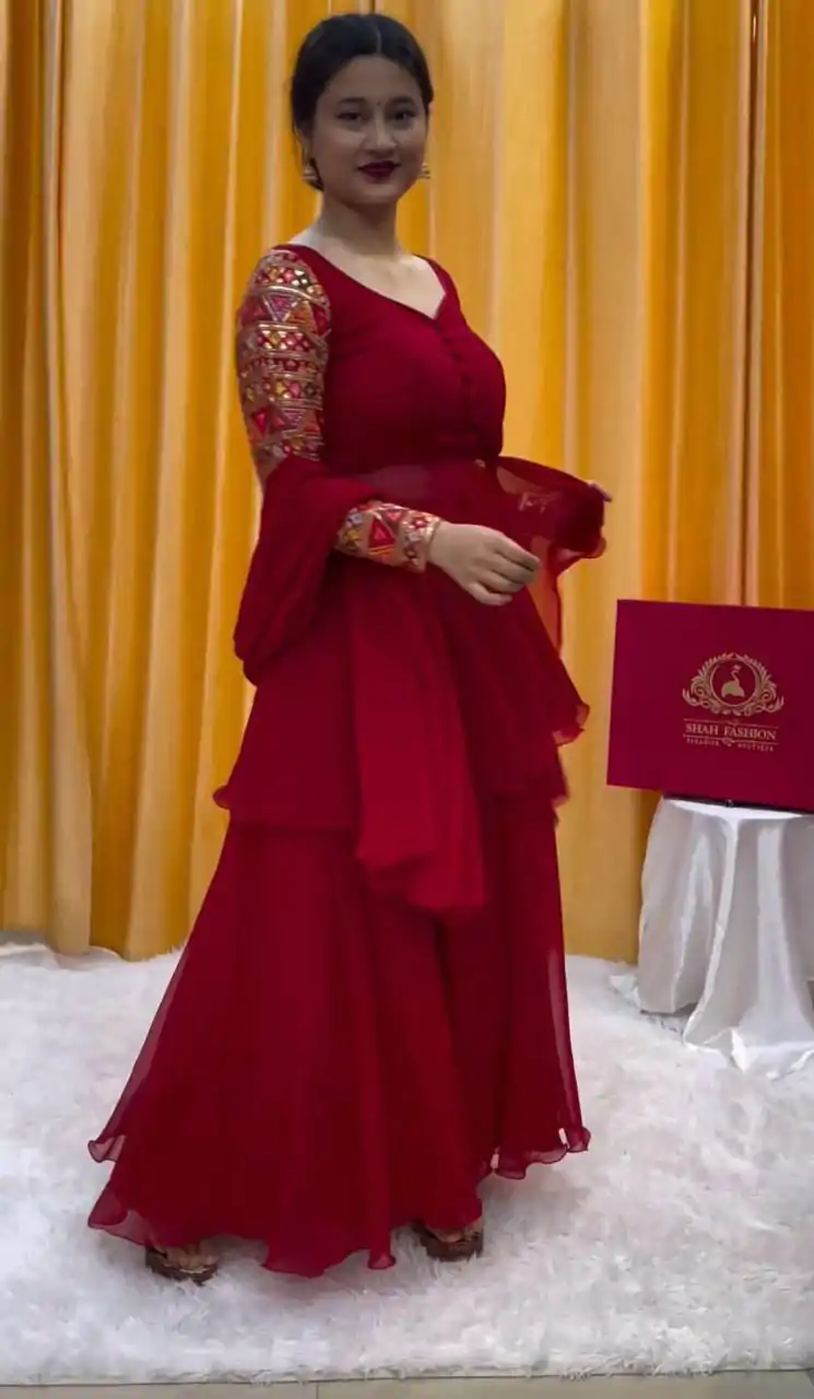 PC 343 Red Fox Georgette Thread Work With Fancy Button Salwar Suit Casual, Wedding, Party, Festive, Events Etc.4-6 Working Days@ 2029/-only | Jump Suits, Salwar suit, Designer Suits, Casual Suits, Creative suits, Palazzo Suits, Party Wear Suits, Patiala Suits, Straight Suits