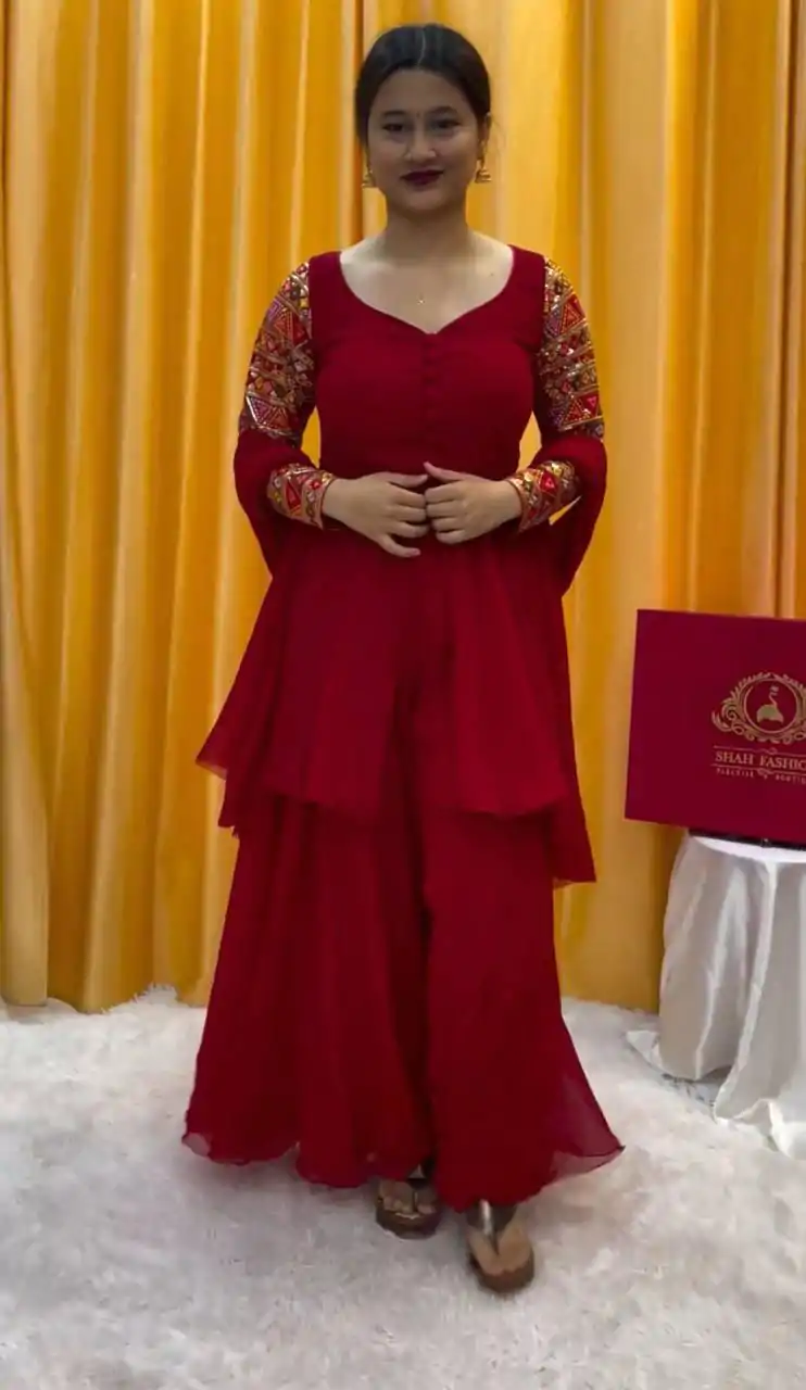 PC 343 Red Fox Georgette Thread Work With Fancy Button Salwar Suit Casual, Wedding, Party, Festive, Events Etc.4-6 Working Days@ 2029/-only | Jump Suits, Salwar suit, Designer Suits, Casual Suits, Creative suits, Palazzo Suits, Party Wear Suits, Patiala Suits, Straight Suits