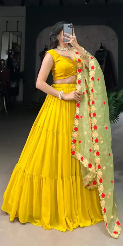 LNB 1348 Yellow Color Georgette Plain Lehenga Choli Wedding , Party , Festive , Ect @2149/- Only | Lehenga, Bollywood Lehenga, Creative Lehenga, Designer Lehenga, Embroidered Lehenga, Party Wear Lehenga