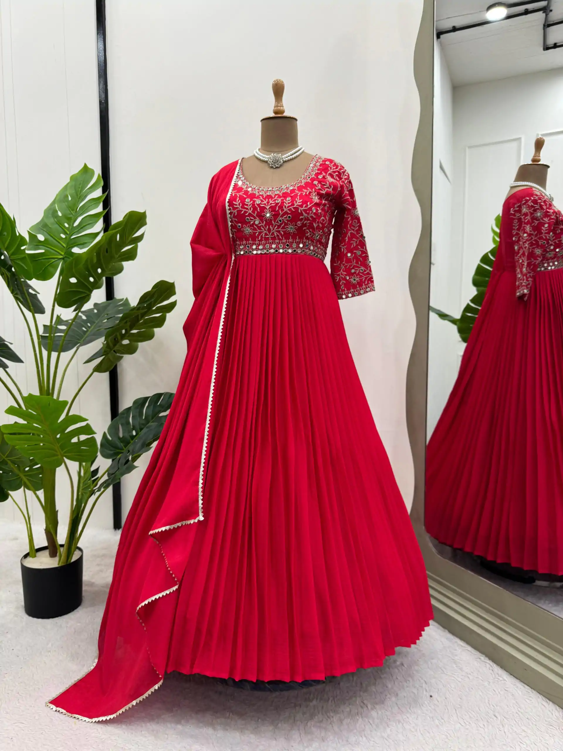 RTC 5724 Red Color Chinon Silk Thread With Real Mirror Gown Wedding Party, Festive,@1799/- Only | Gowns, Bollywood Gowns, Creative Gowns, Designer Gowns, Embroidered Gowns, Party Wear Gowns, Straight Suits