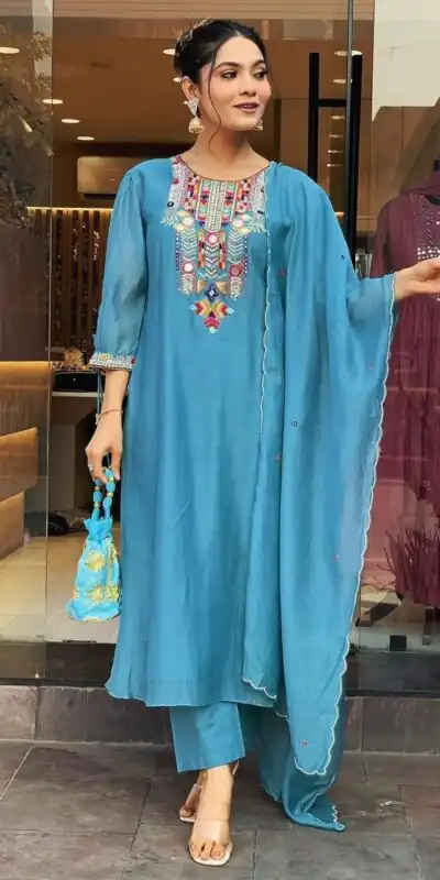 MF 748 Blue Color Chanderi Silk With Mirror Work Embroidery Salwar Suit Casual, Wedding, Party, Festive, Events Etc.4-6 Working Days@ 1599/-only | Jump Suits, Salwar suit, Designer Suits, Casual Suits, Creative suits, Palazzo Suits, Party Wear Suits, Patiala Suits, Straight Suits